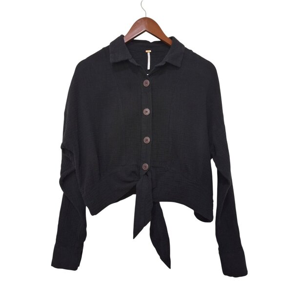Free People Sunstreaks Tie Front Button-Down Top Womens S Black Gauze Cotton - Picture 2 of 6